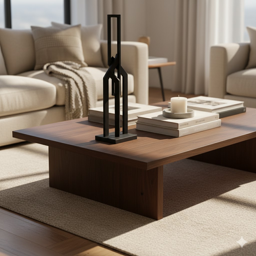 Statement sculpture adding height and visual interest to coffee table