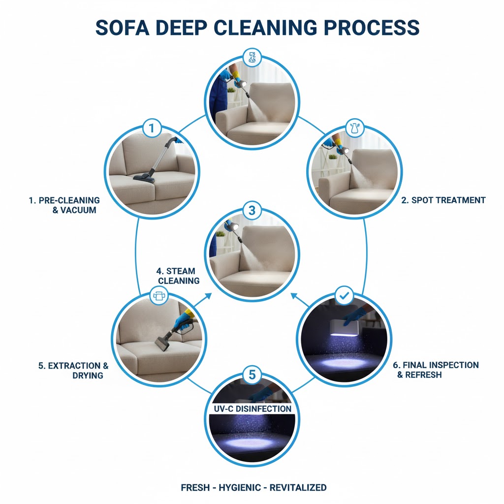 Step-by-step infographic of professional sofa cleaning and disinfection workflow.