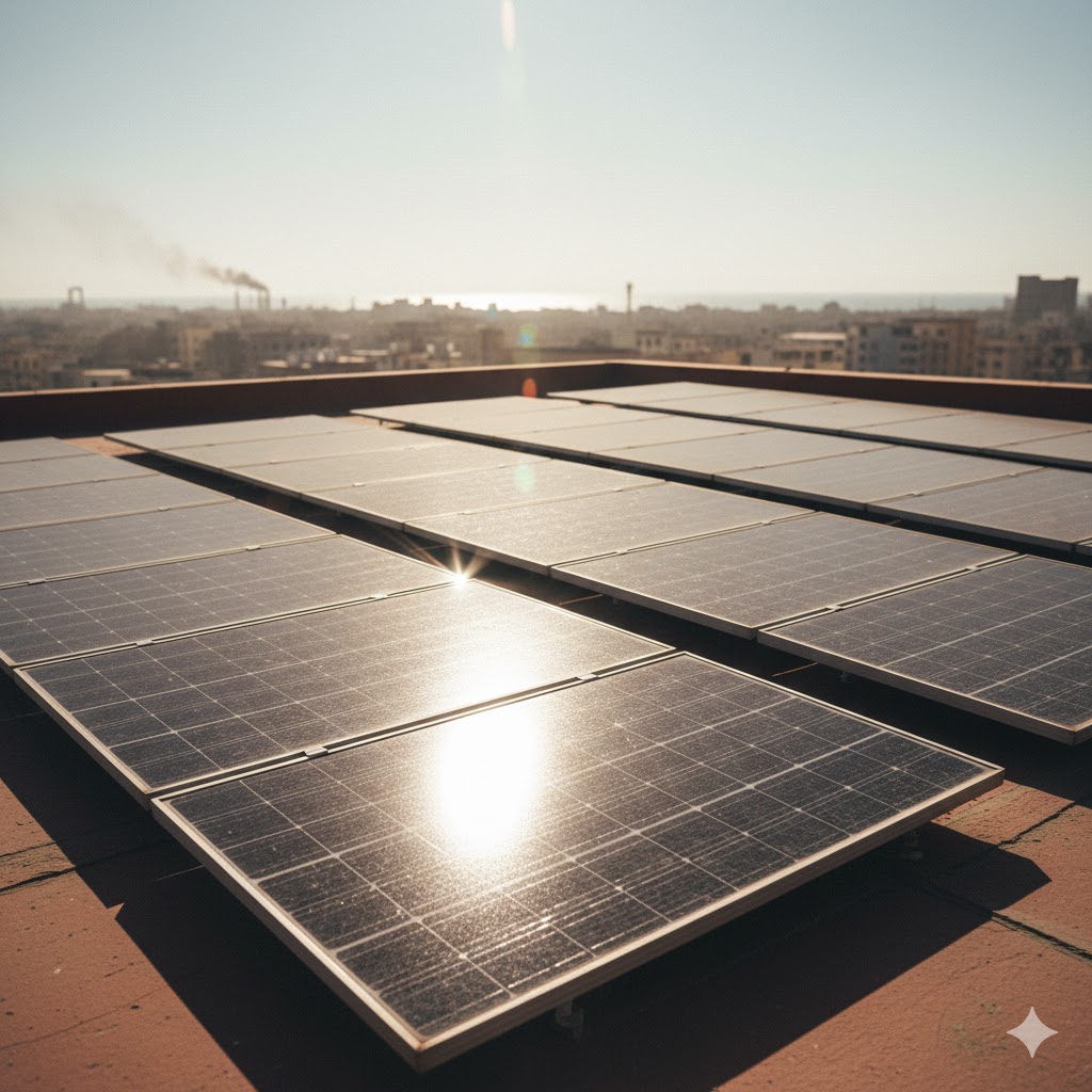 Sun rays reflecting off rows of solar panels during daytime in Karachi