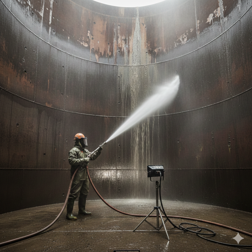 Tank cleaning using pressure jet