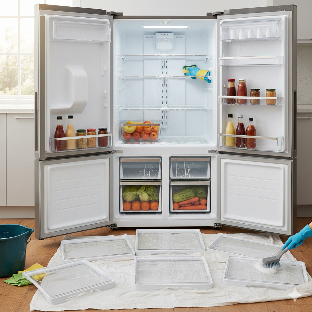 Technician deep cleaning refrigerator shelves and compartments for hygiene and cooling efficiency