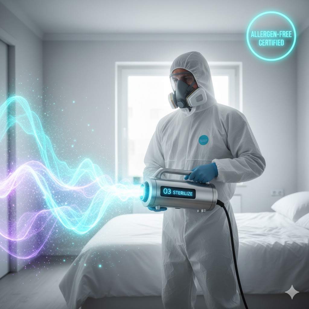 Technician performing ozone disinfection to ensure allergen-free certification compliance Technician performing ozone disinfection to ensure allergen-free certification compliance