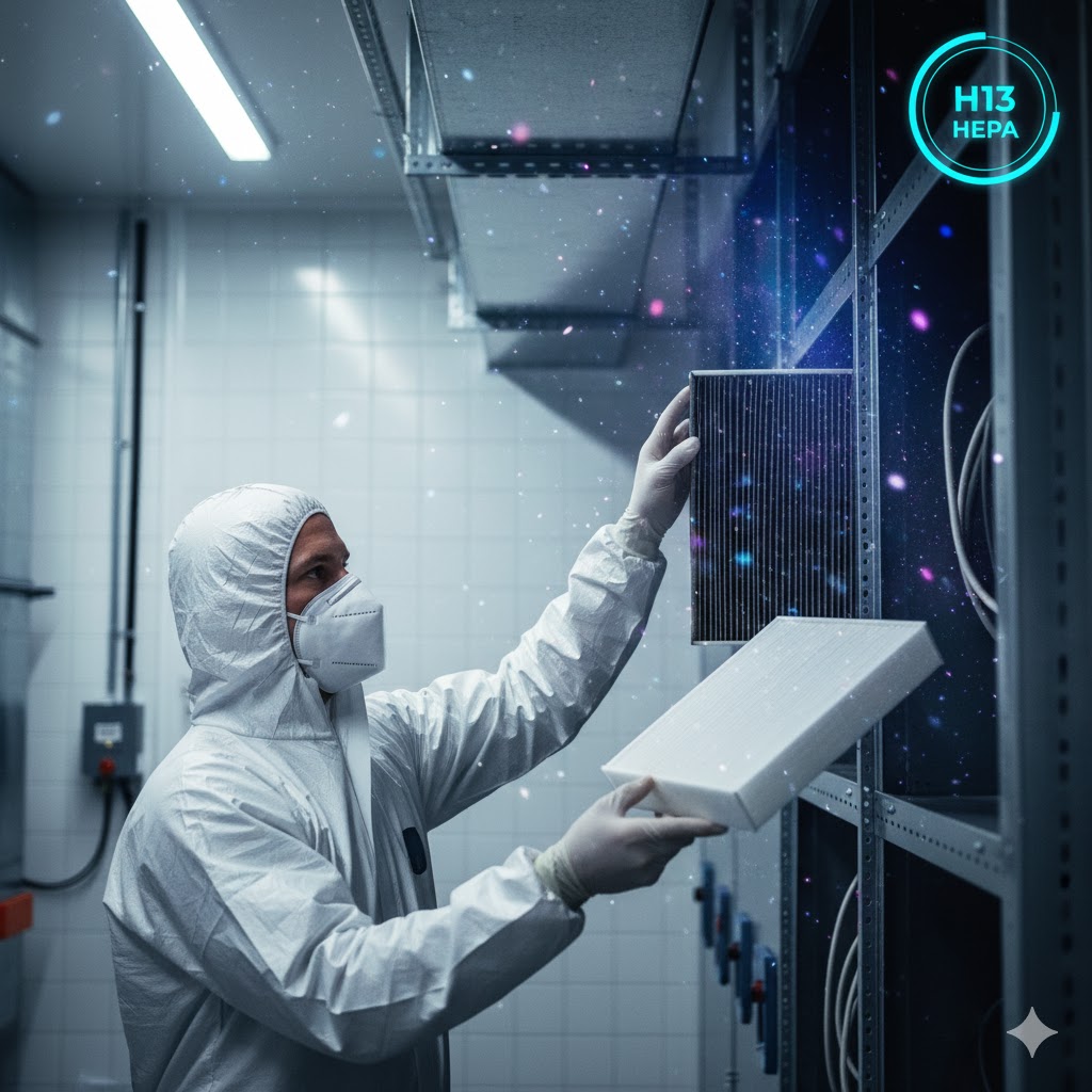 Technician replacing HEPA air filter during ventilation sanitization process Technician replacing HEPA air filter during ventilation sanitization process