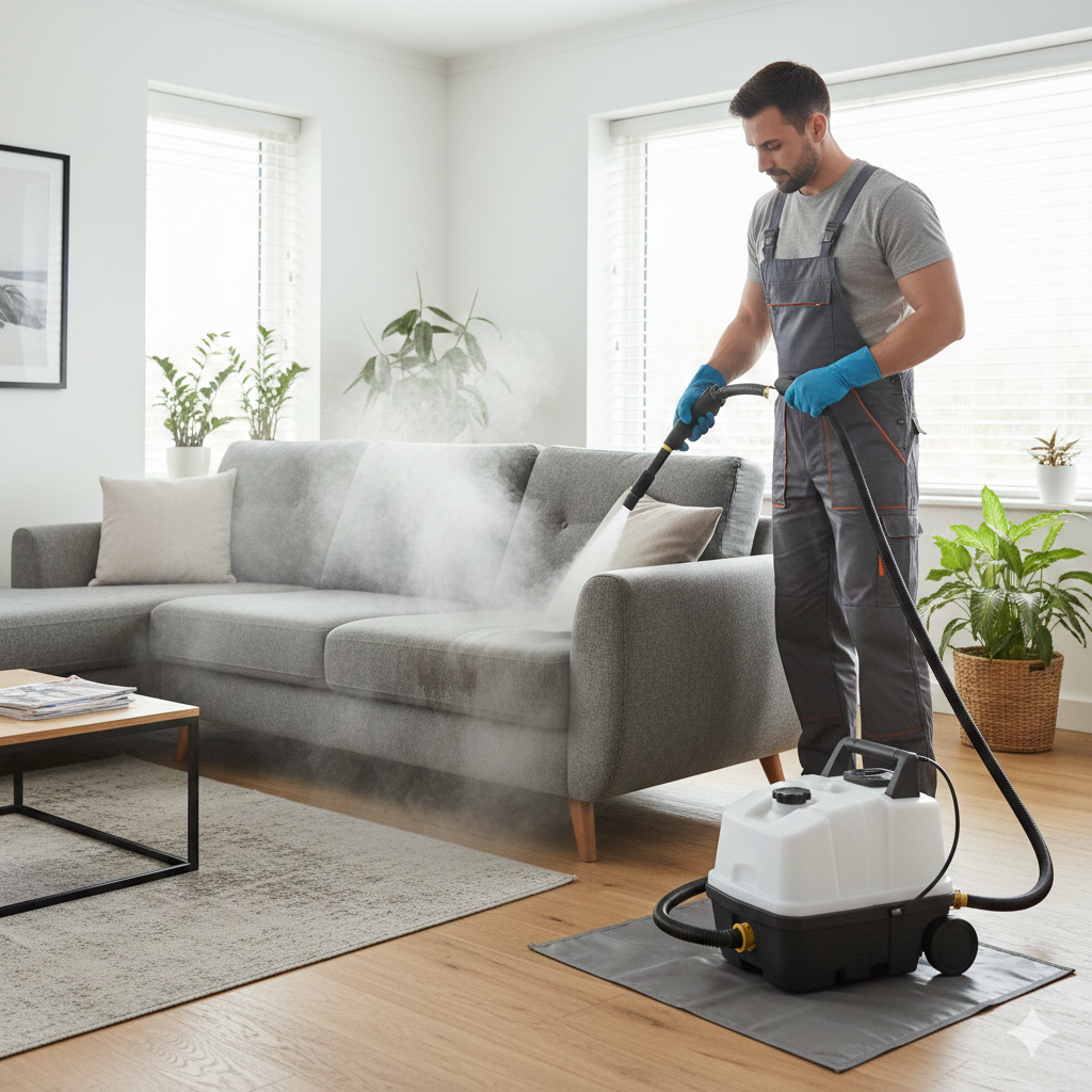 Technician steam cleaning fabric sofa