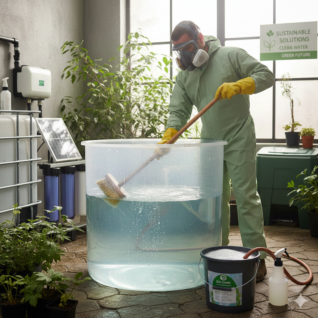 Technician using eco-friendly tools to clean a plastic water tank safely