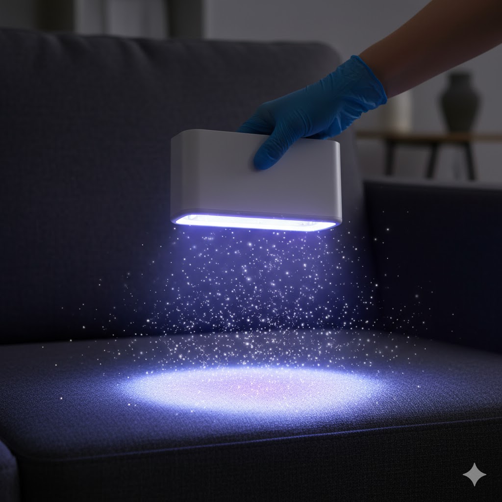 UV-C disinfection lamp being applied to a sofa surface emitting blue sterilization light