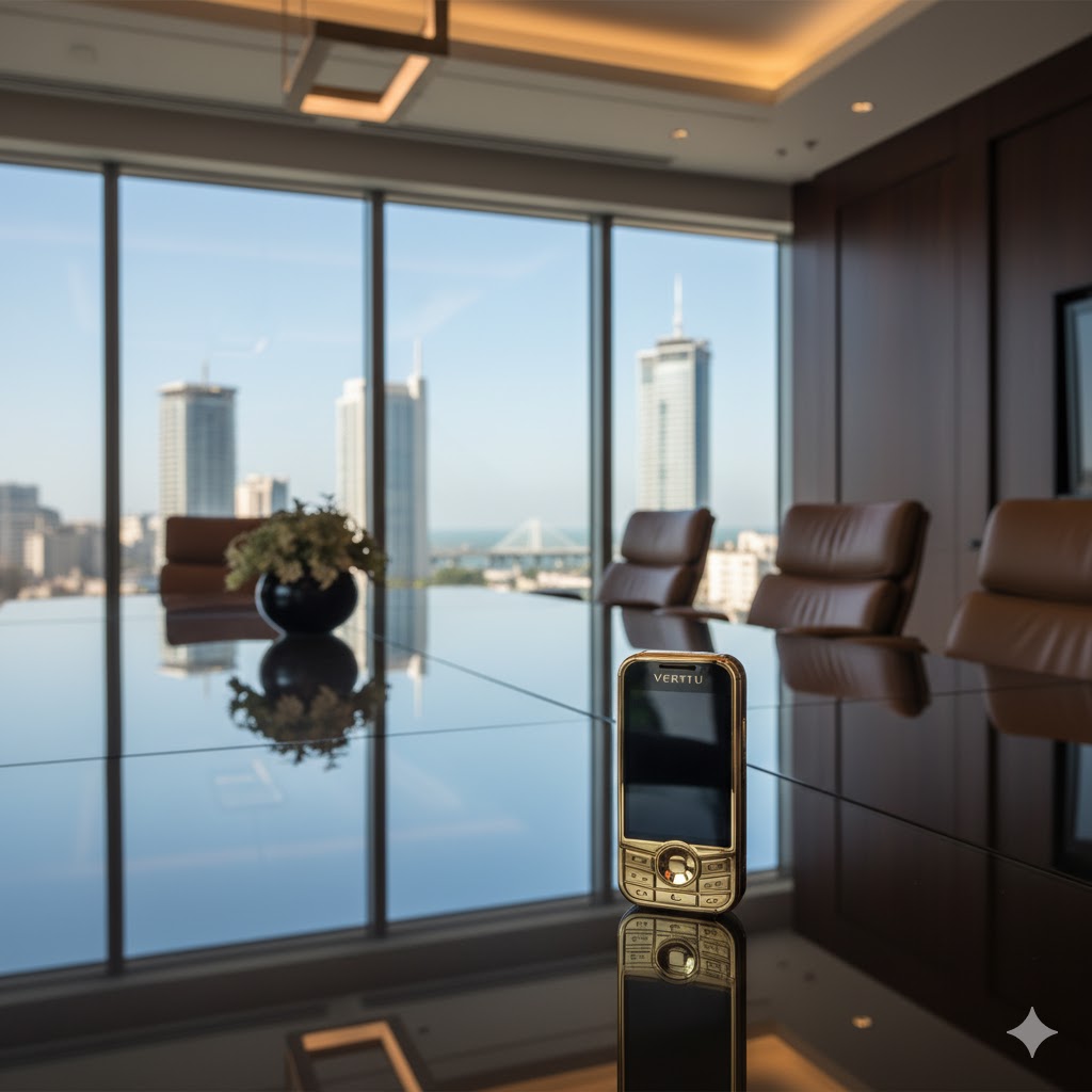 Vertu mobile on glass table in luxury office setting in Karachi