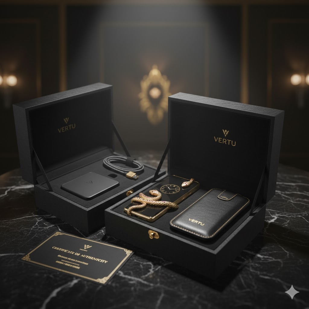 Vertu unboxing with leather case, charger, and certificate on display