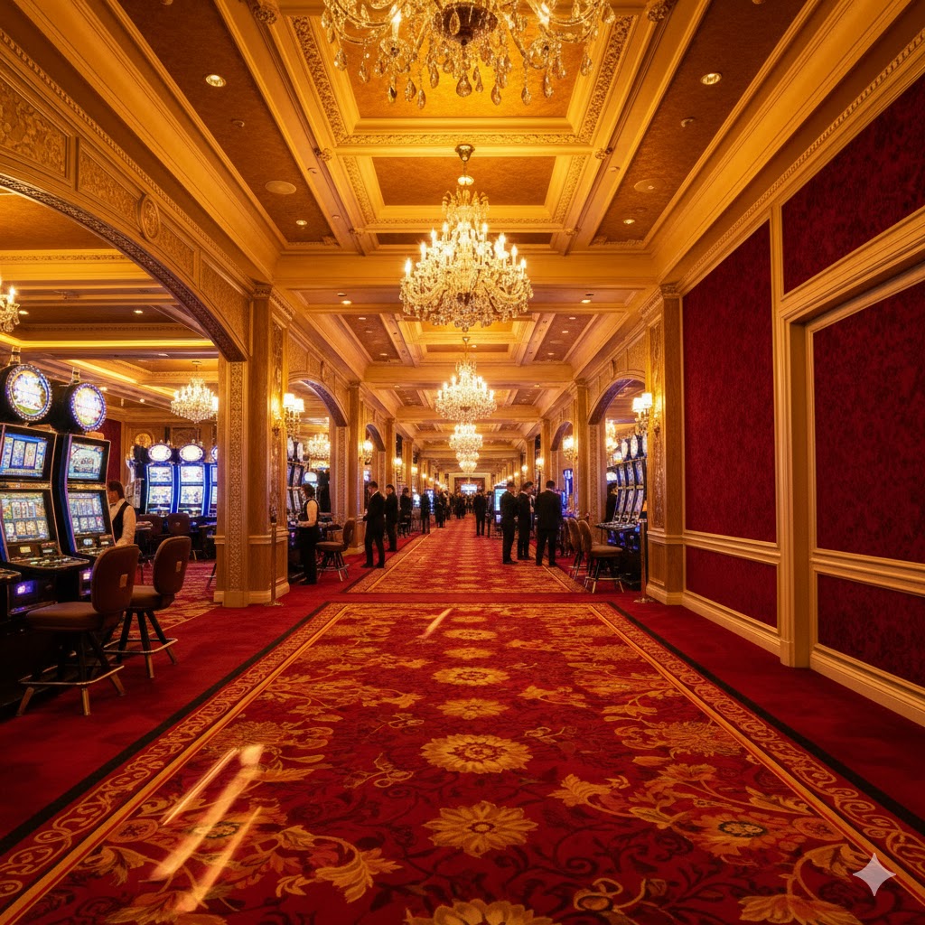 Vibrant casino hallway featuring golden lighting and deep red carpets symbolizing excitement.