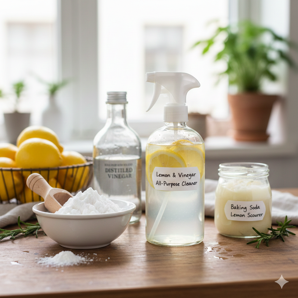 Vinegar, lemon, and baking soda eco cleaners