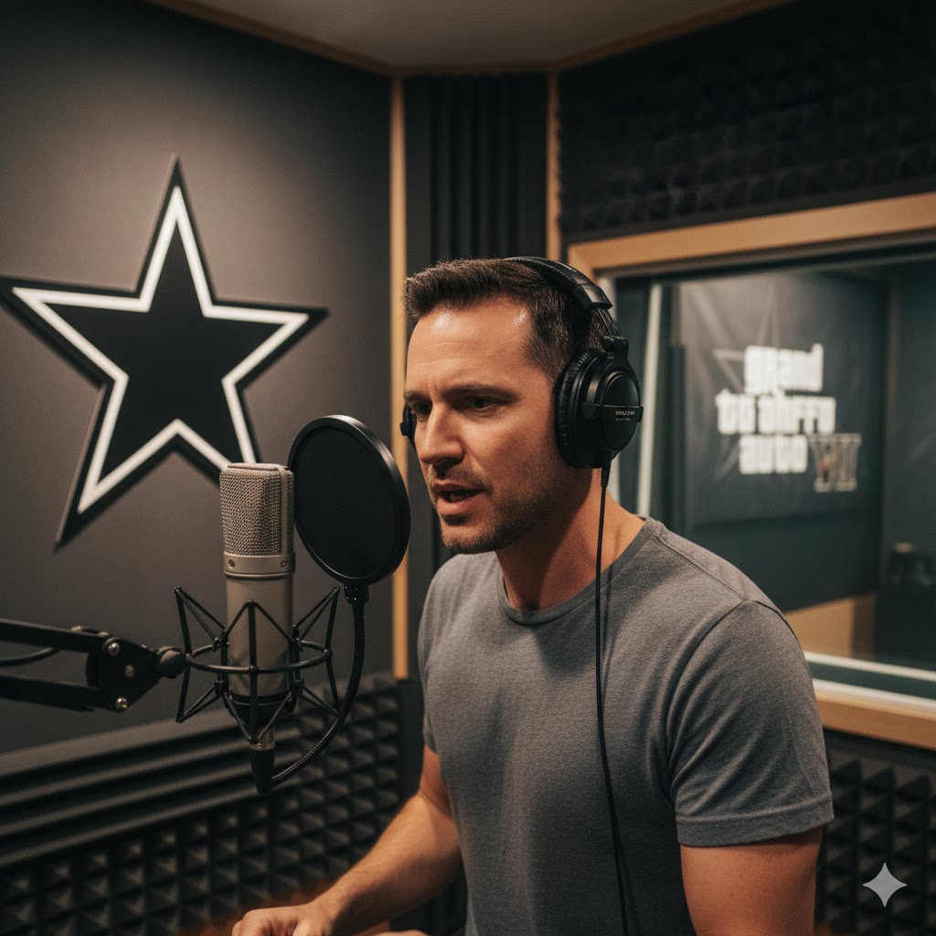 Voice actor in a recording booth with Rockstar Games logo in background