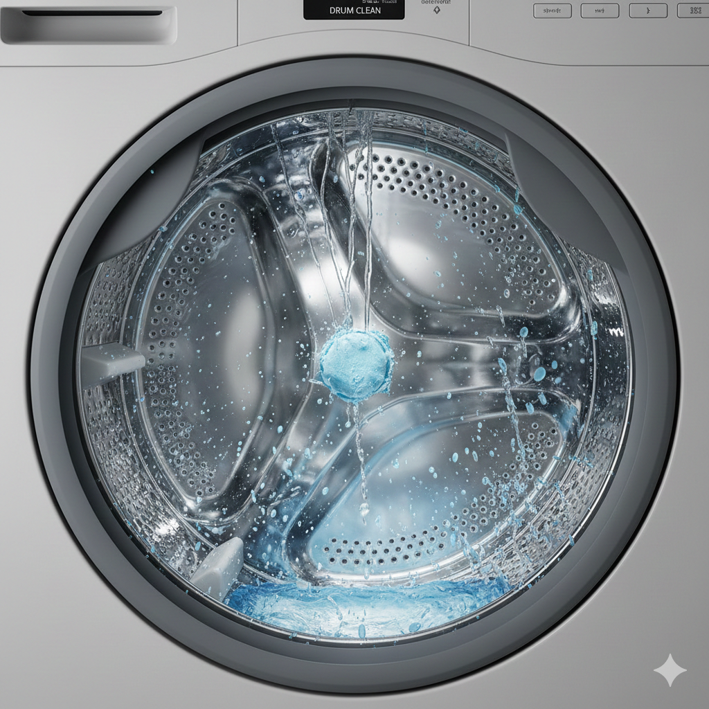 Washing machine drum being deep cleaned to remove mold, odors, and detergent residue