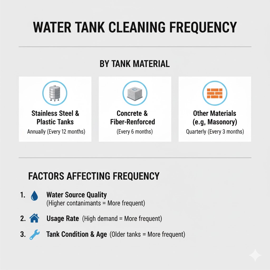 Water Tank Cleaning Sterilization Infographic showing cleaning frequency by water tank material types.