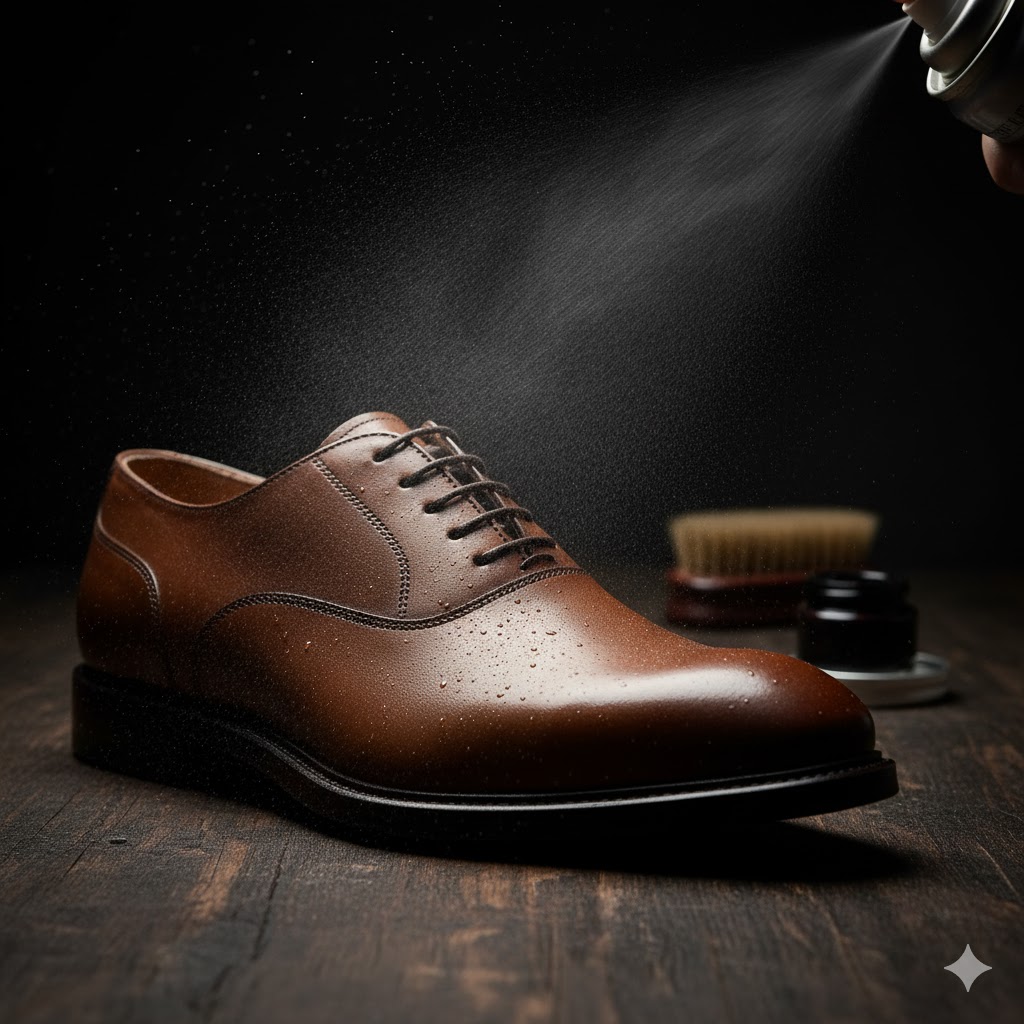 Waterproofing spray being applied evenly over a leather shoe