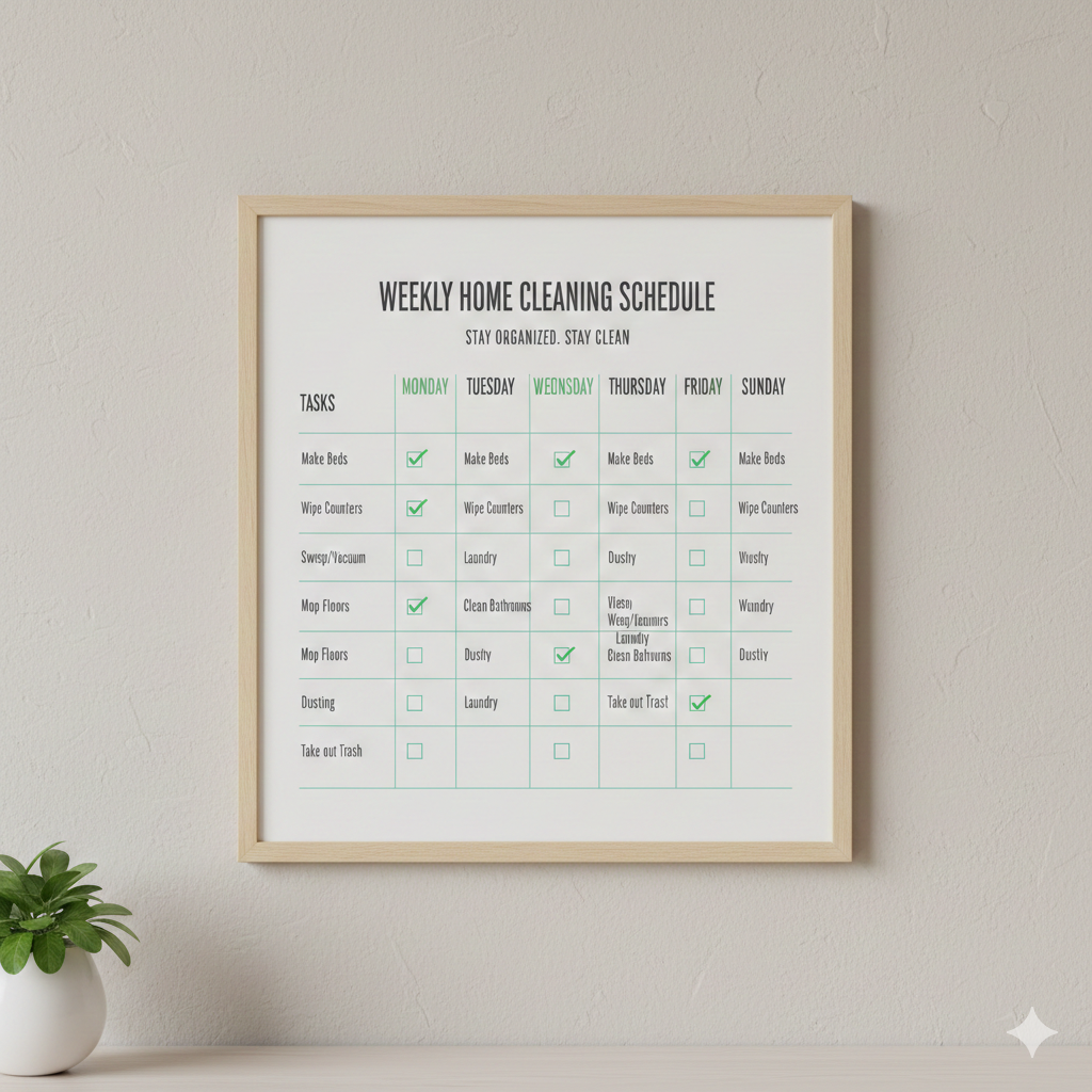 Weekly home cleaning schedule checklist with labeled tasks