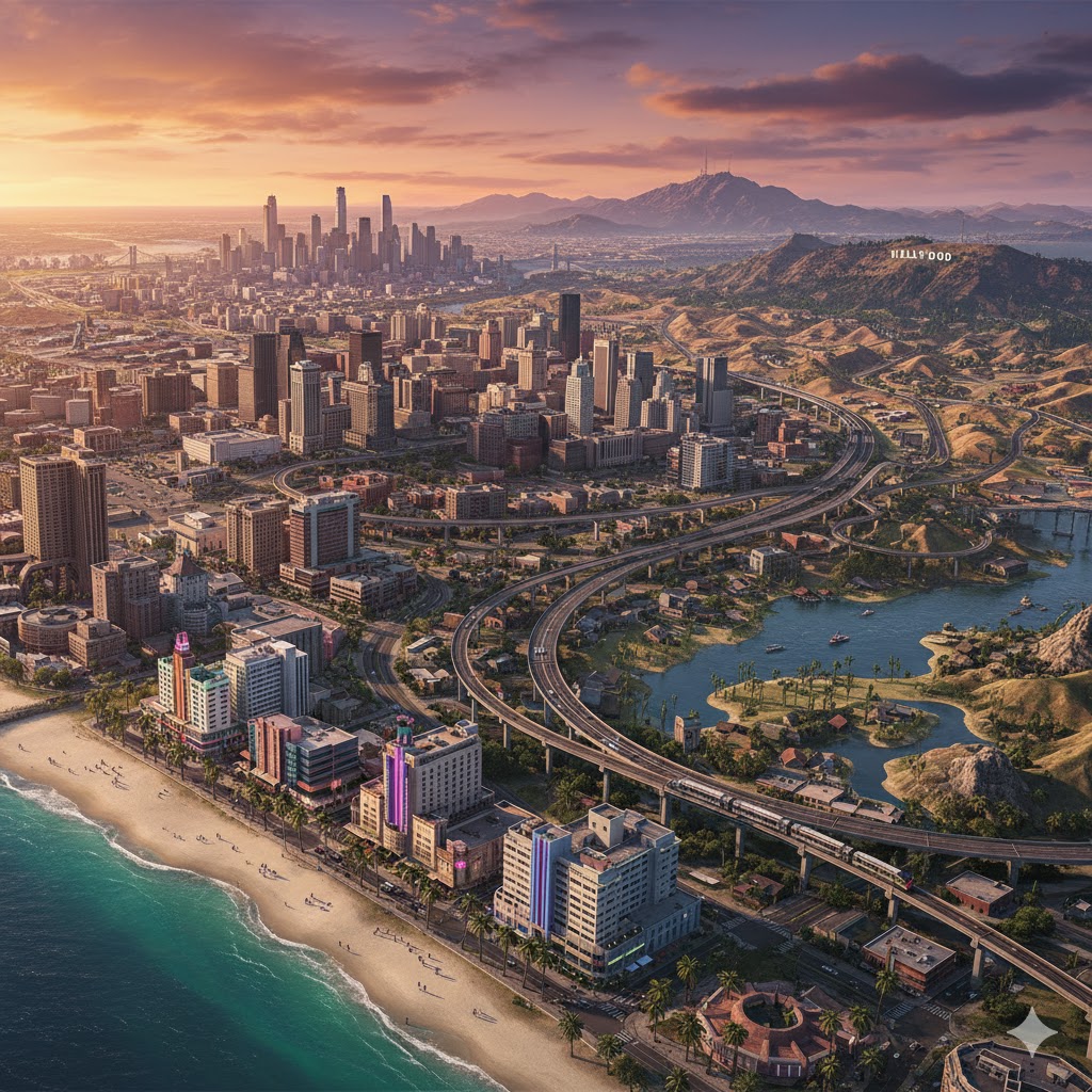 Wide cinematic shot of GTA 6 map blending multiple iconic cities at sunset