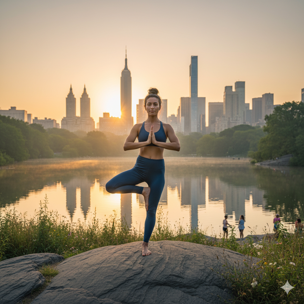 Woman doing yoga pose during sunrise in Central Park NYC