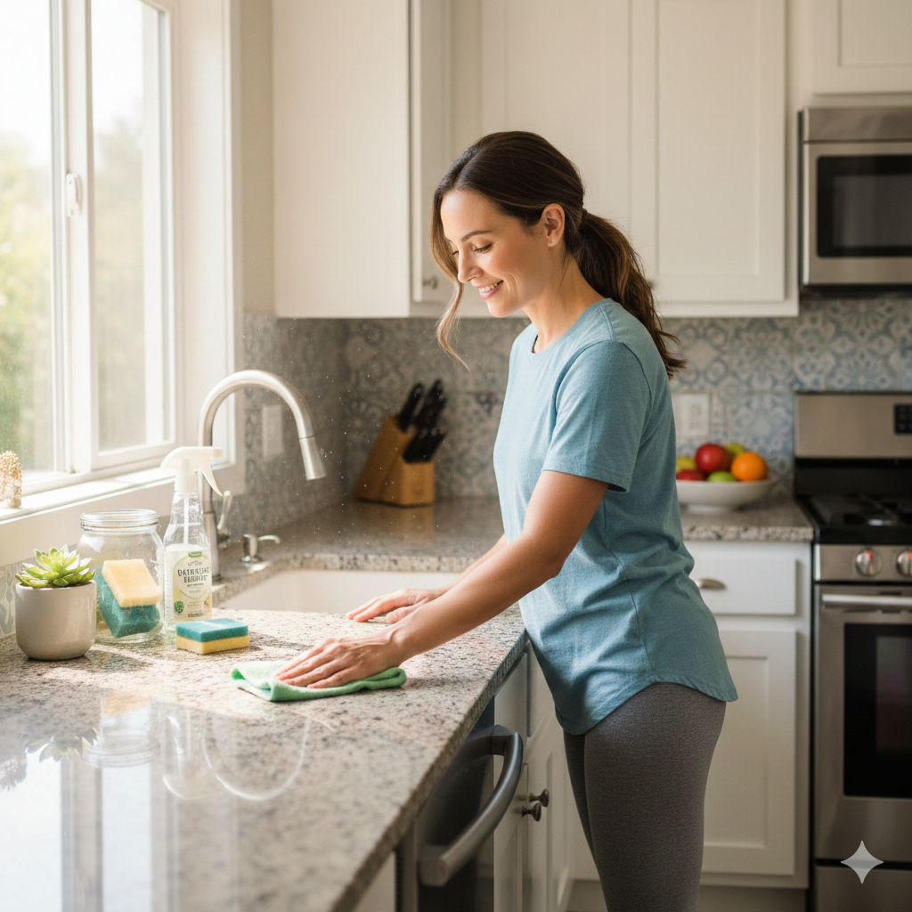 Woman wiping kitchen counter during daily cleaning routine