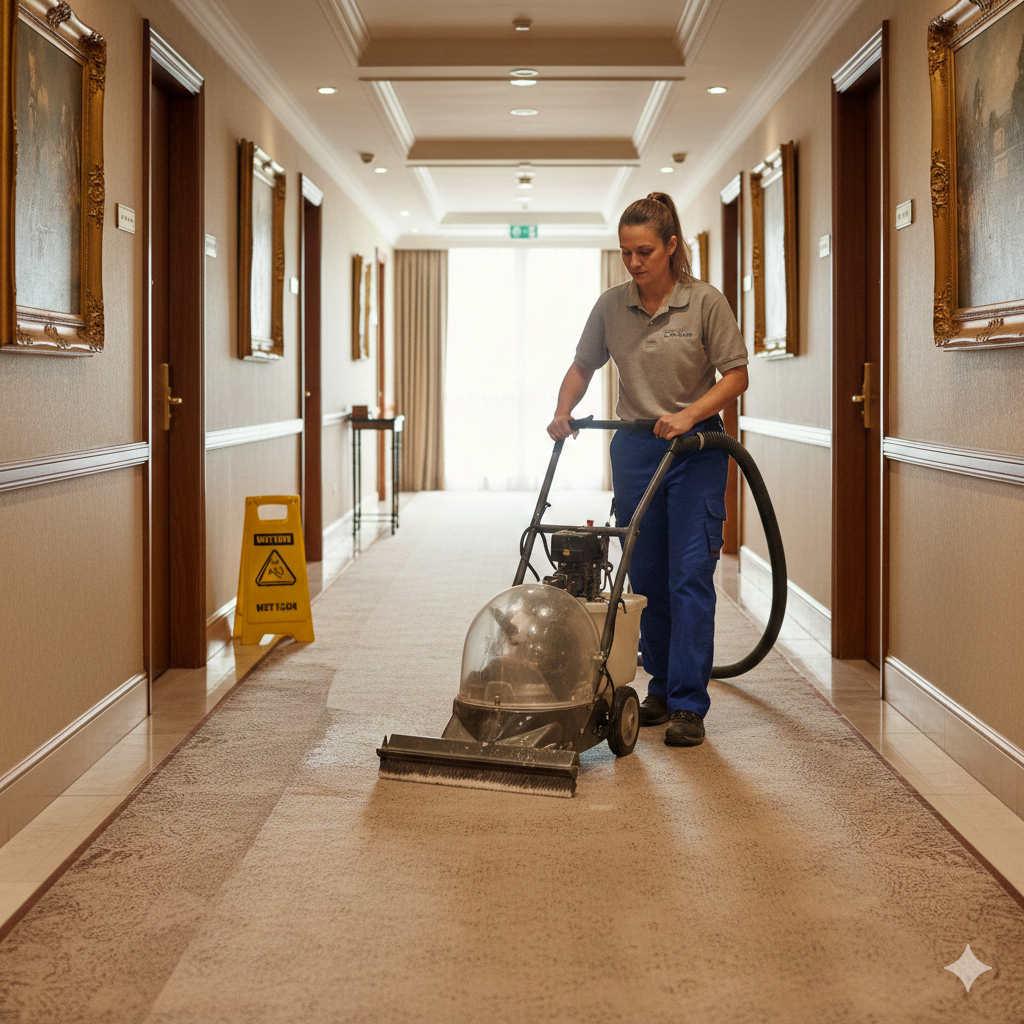 Worker using carpet extractor machine
