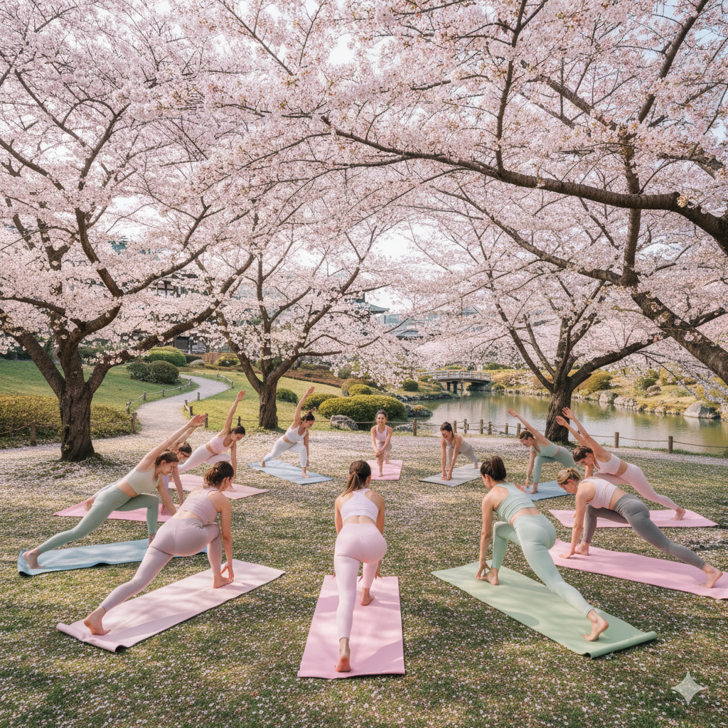Yoga group stretching under cherry blossom trees