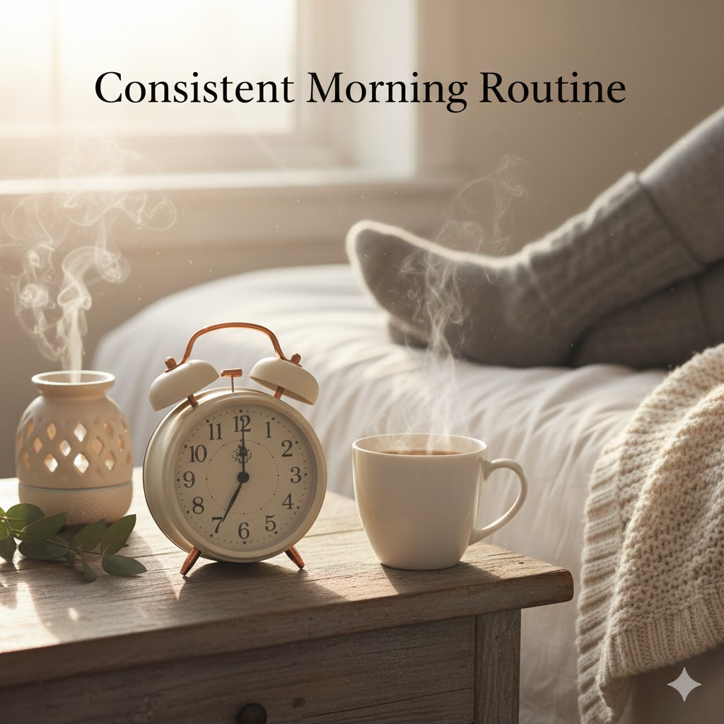 alarm clock and cozy morning routine consistency concept
