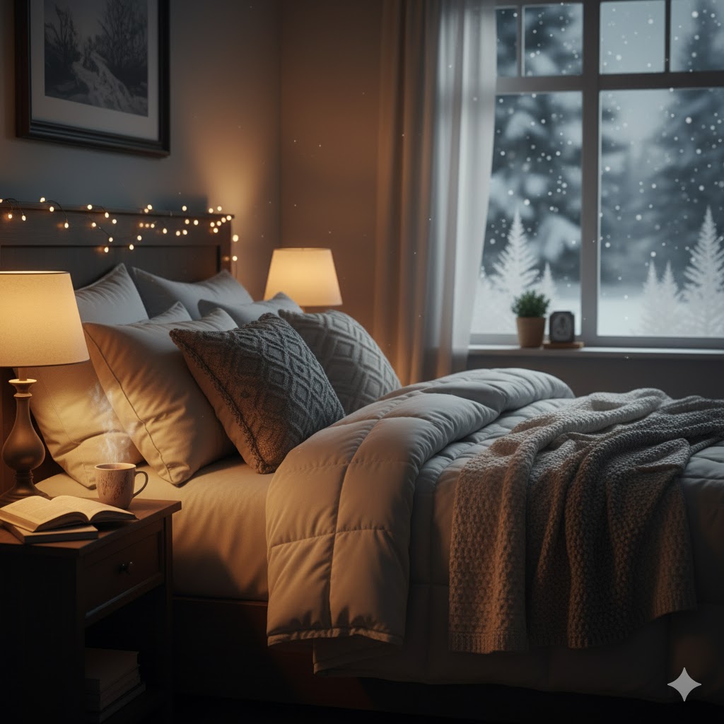 cozy bedroom with warm bedding and soft lighting.