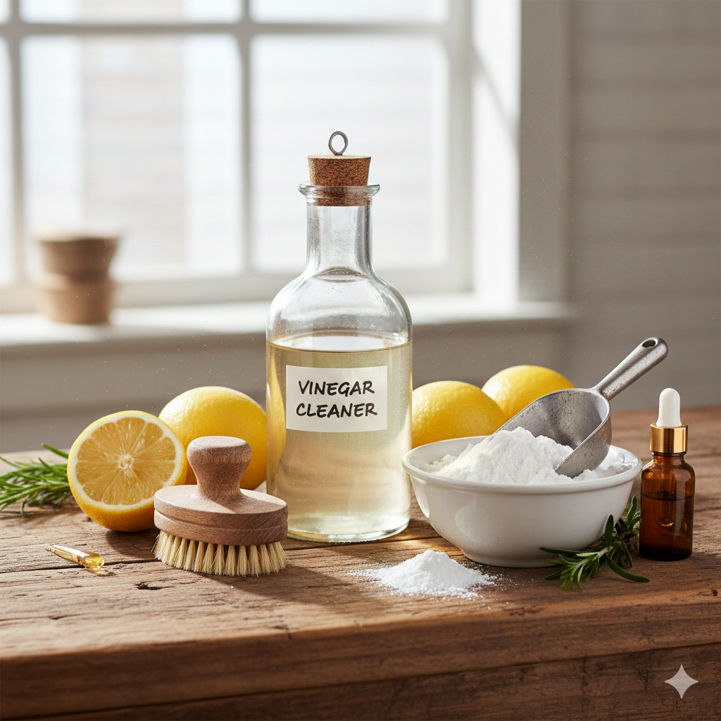 natural cleaning solutions including vinegar, lemon, and baking soda