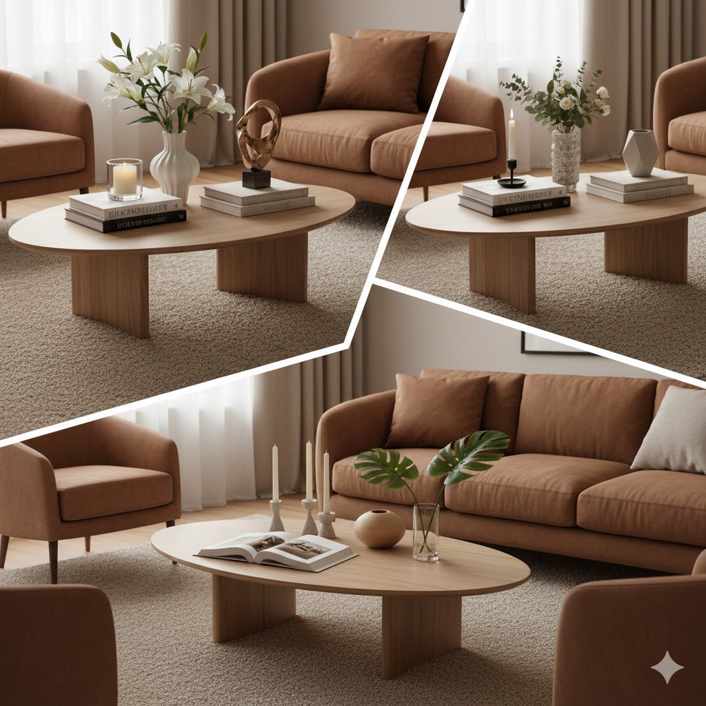 oval coffee table with three different decor variations