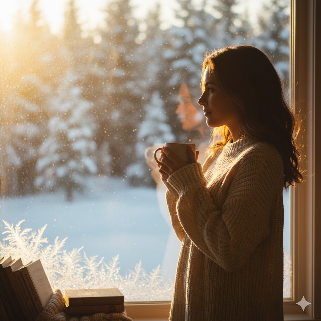 person standing by window soaking up morning light during winter.