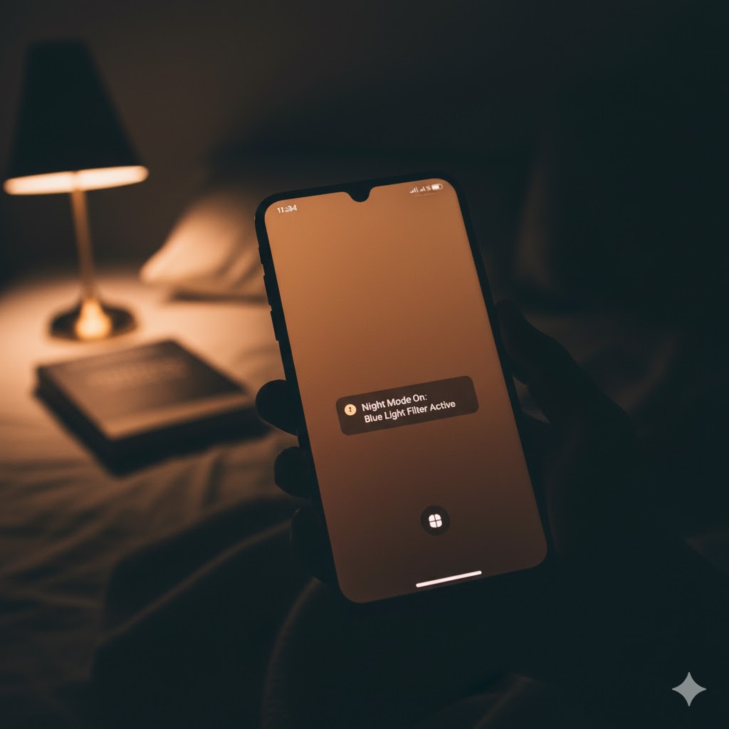 phone showing blue light filter active on night mode. 
