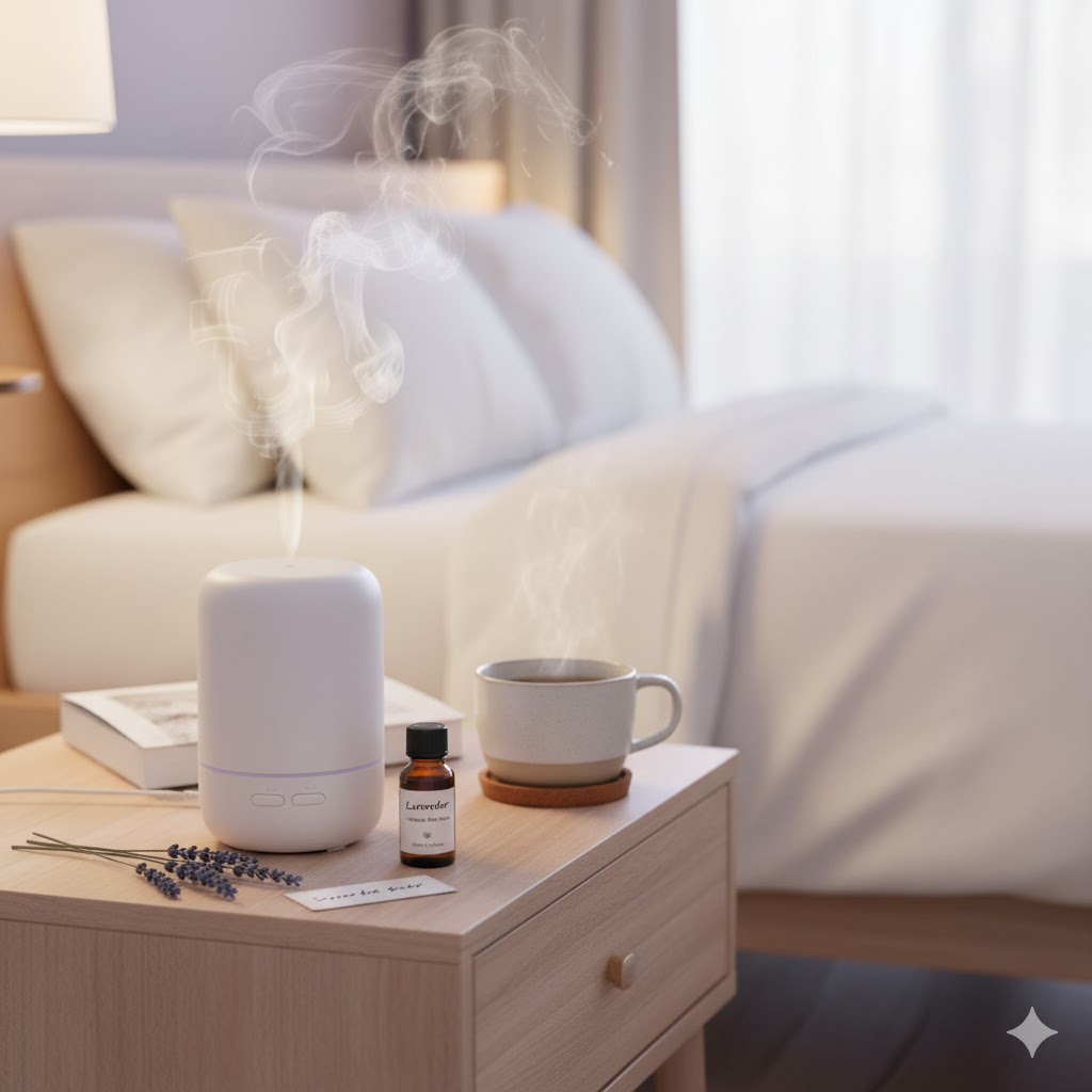  tidy bedroom with lavender diffuser promoting good sleep hygiene